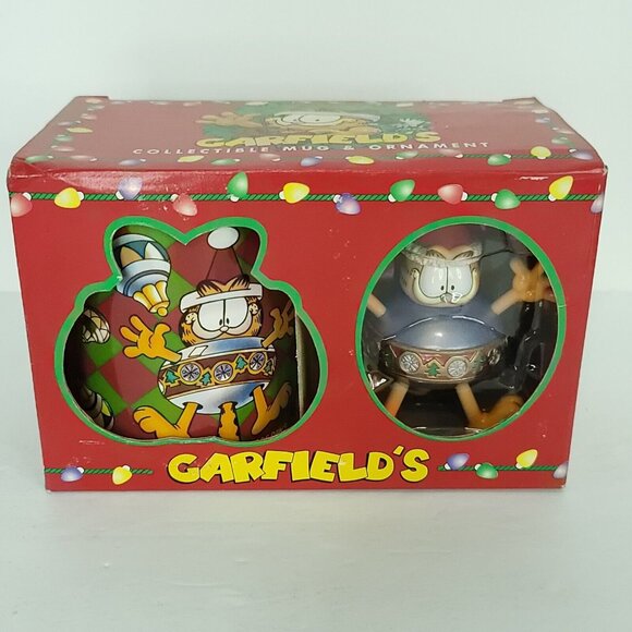 Garfield Cat Collectible Coffee Mug Cup Merry And Bright Xmas Ornament Set 1996 - Picture 1 of 8